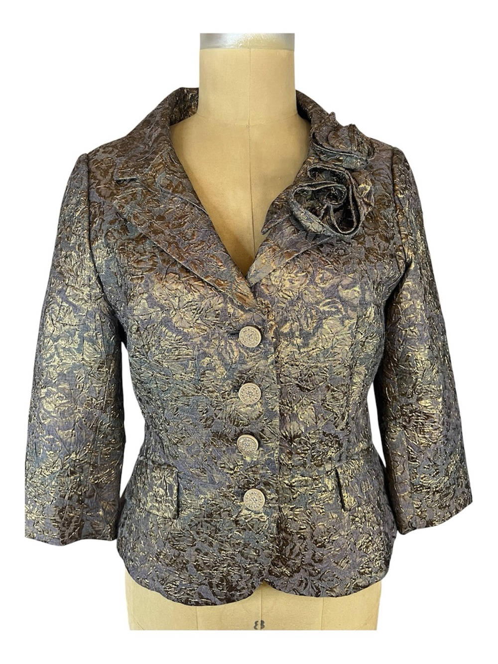 Vintage Teri Jon Metallic Bronze Floral Brocade Jacket with Decorative Flower